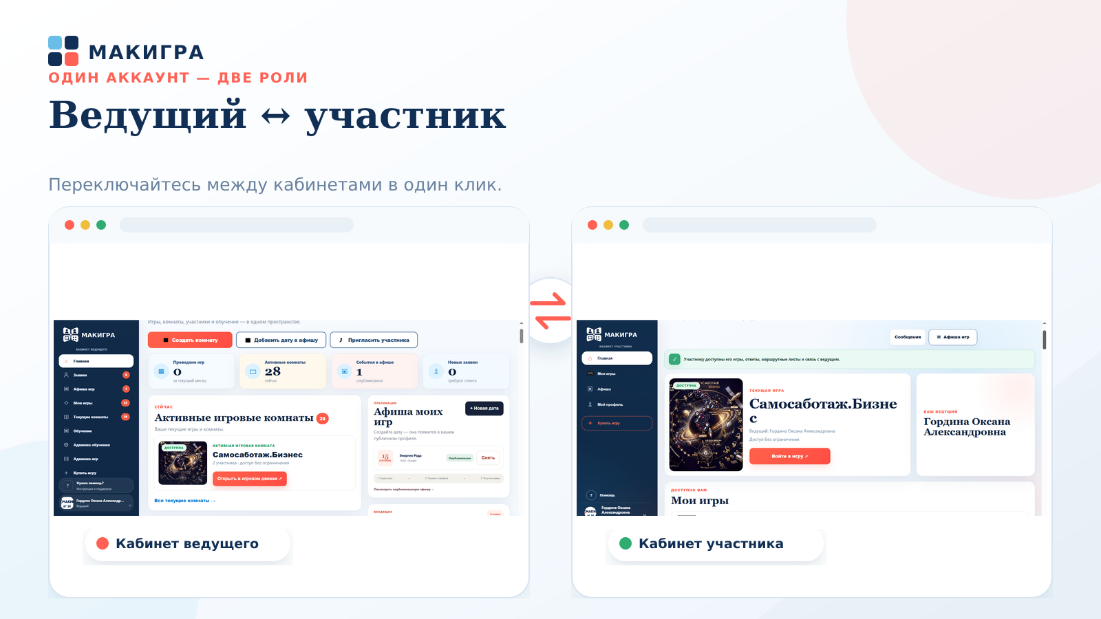 Переключение между кабинетом ведущего и кабинетом участника
